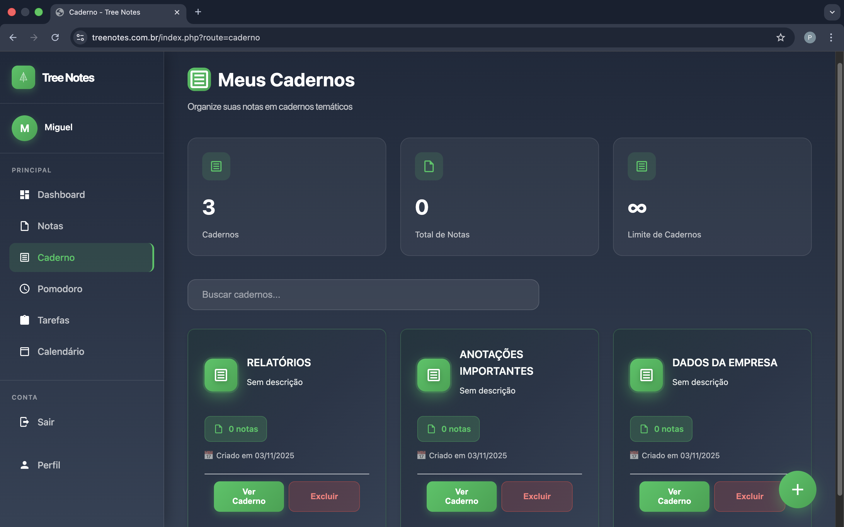 Interface do Caderno Tree Notes
