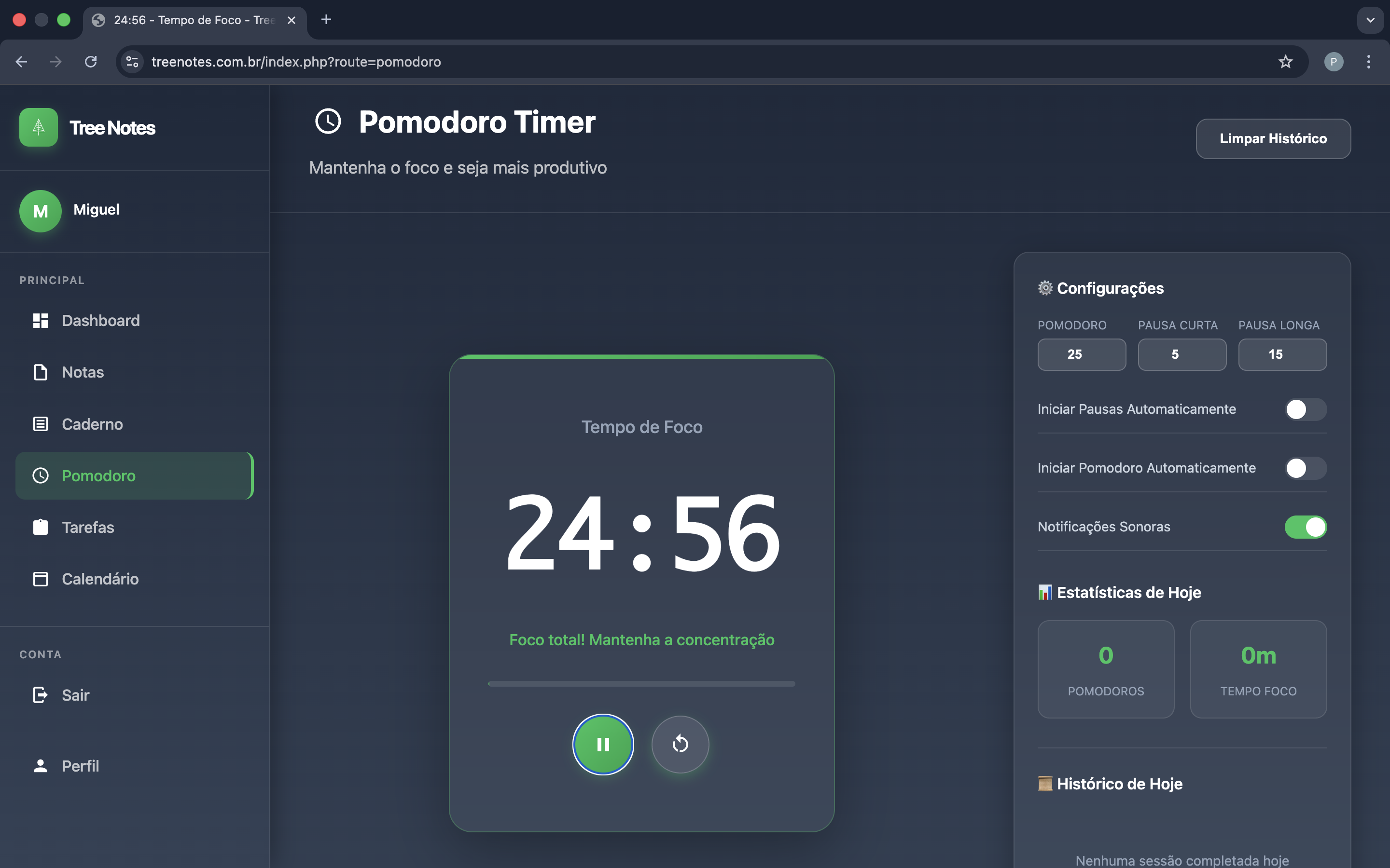 Interface do Pomodoro Tree Notes